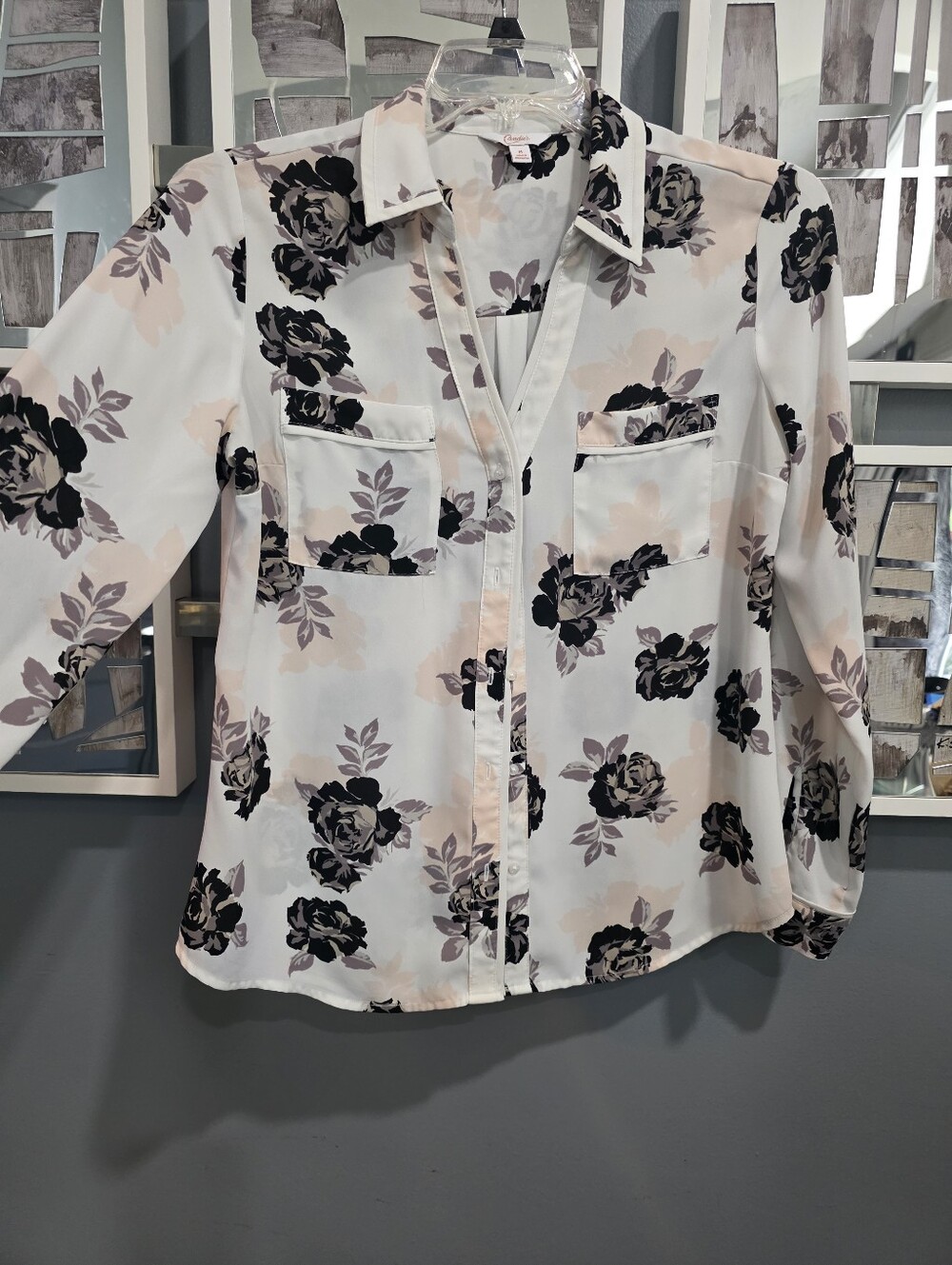 Floral Button-Front Blouse - White with Black & Blush Flowers. Medium